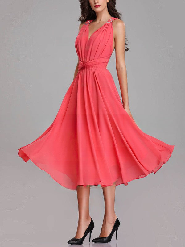A-line V-neck Chiffon Tea-length Bridesmaid Dresses With Sashes & Ribbons