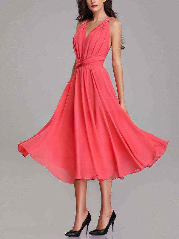 A-line V-neck Chiffon Tea-length Bridesmaid Dresses With Sashes & Ribbons