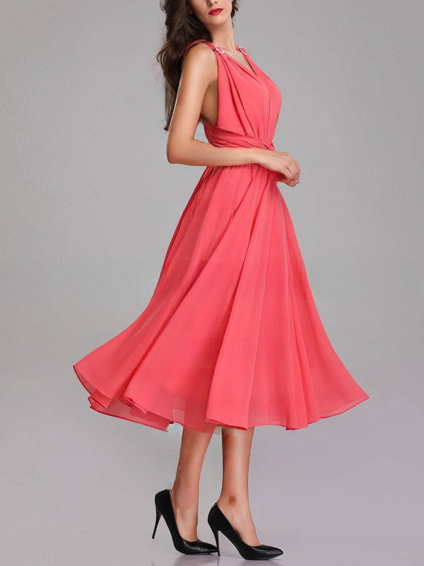 A-line V-neck Chiffon Tea-length Bridesmaid Dresses With Sashes & Ribbons