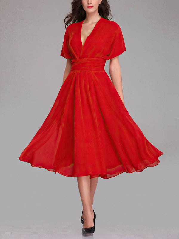 A-Line V-Neck Chiffon Tea-Length Bridesmaid Dresses with Sashes & Ribbons