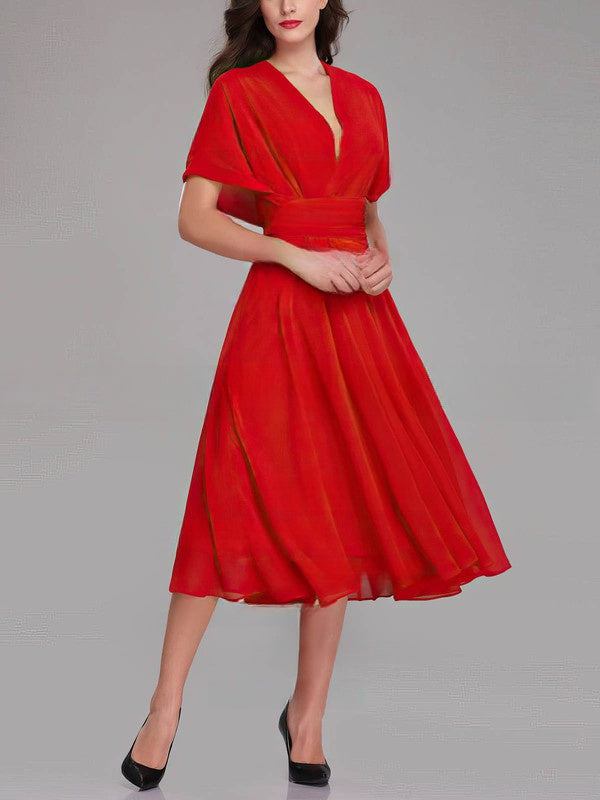 A-Line V-Neck Chiffon Tea-Length Bridesmaid Dresses with Sashes & Ribbons