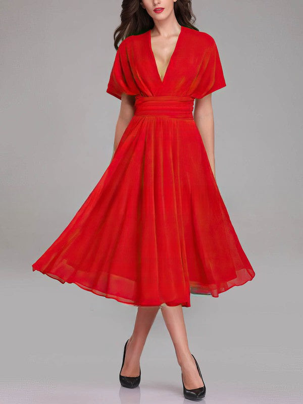 A-Line V-Neck Chiffon Tea-Length Bridesmaid Dresses with Sashes & Ribbons