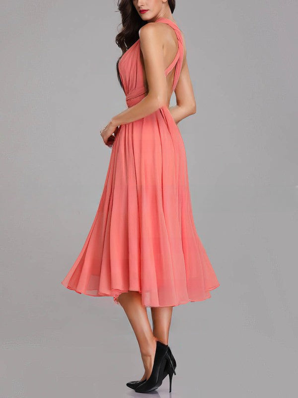 A-line V-neck Chiffon Tea-length Bridesmaid Dresses with Sashes & Ribbons
