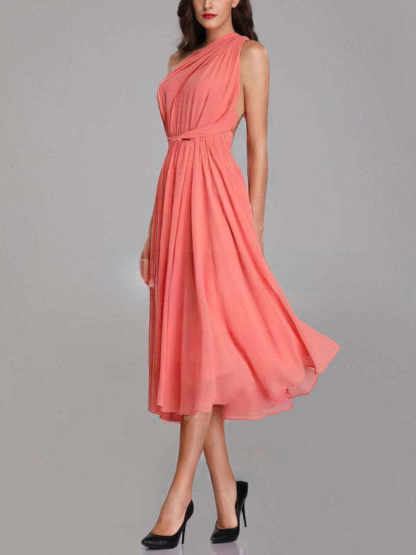 A-line V-neck Chiffon Tea-length Bridesmaid Dresses with Sashes & Ribbons