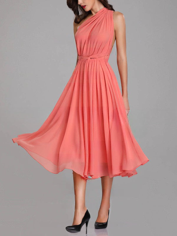 A-line V-neck Chiffon Tea-length Bridesmaid Dresses with Sashes & Ribbons