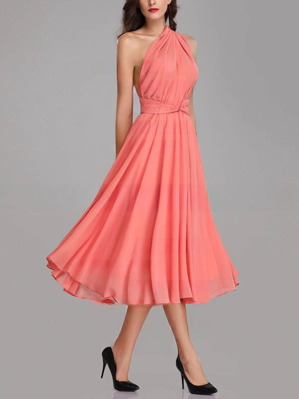 A-line V-neck Chiffon Tea-length Bridesmaid Dresses with Sashes & Ribbons