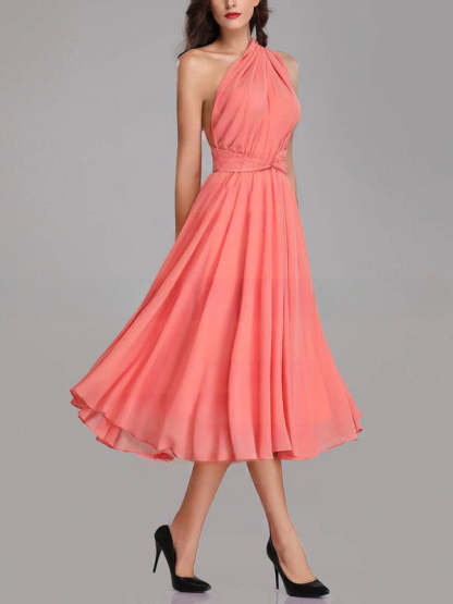 A-line V-neck Chiffon Tea-length Bridesmaid Dresses with Sashes & Ribbons