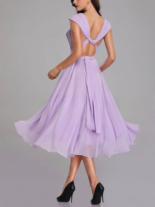 A-line V-neck Chiffon Tea-length Bridesmaid Dresses With Sashes and Ribbons