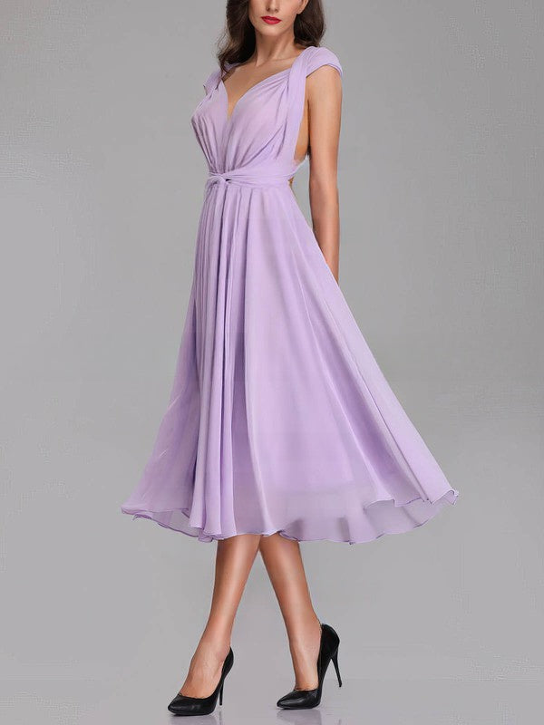 A-line V-neck Chiffon Tea-length Bridesmaid Dresses With Sashes and Ribbons