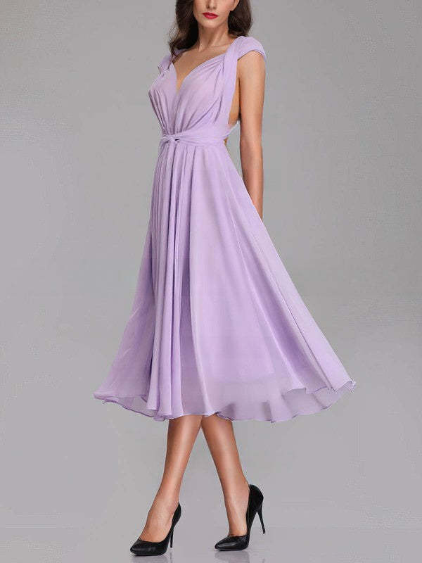 A-line V-neck Chiffon Tea-length Bridesmaid Dresses With Sashes and Ribbons