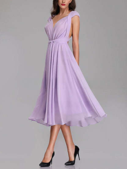 A-line V-neck Chiffon Tea-length Bridesmaid Dresses With Sashes and Ribbons