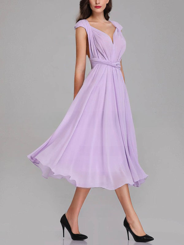 A-line V-neck Chiffon Tea-length Bridesmaid Dresses With Sashes and Ribbons