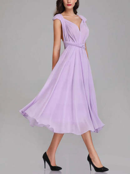 A-line V-neck Chiffon Tea-length Bridesmaid Dresses With Sashes and Ribbons