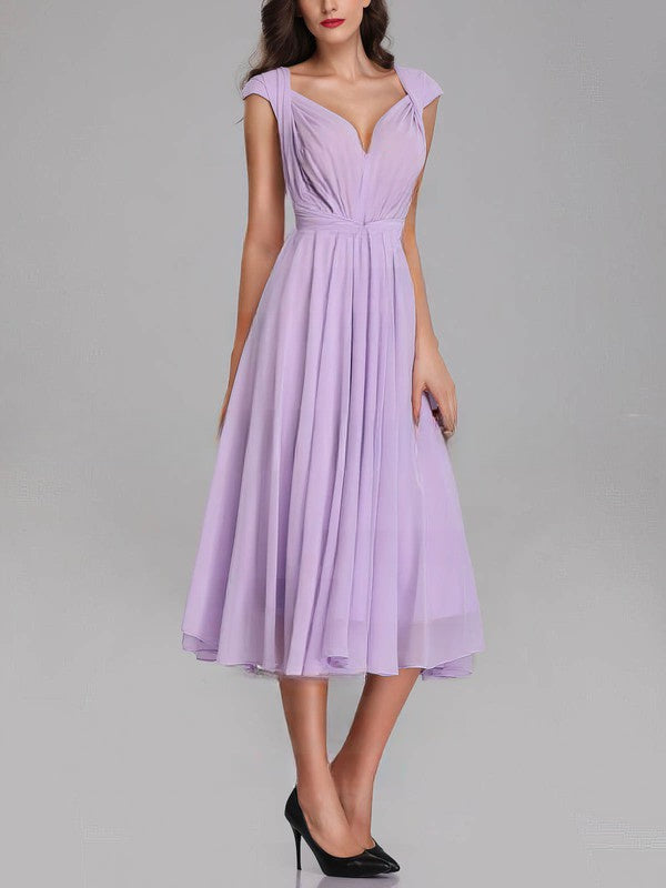 A-line V-neck Chiffon Tea-length Bridesmaid Dresses With Sashes and Ribbons
