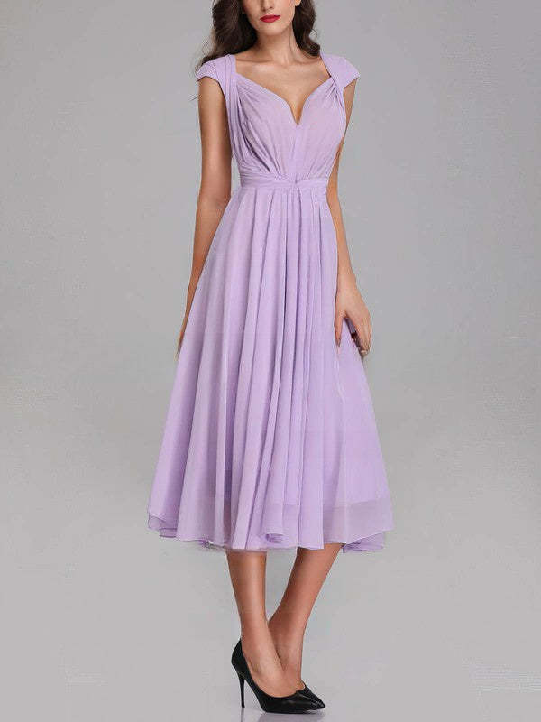 A-line V-neck Chiffon Tea-length Bridesmaid Dresses With Sashes and Ribbons