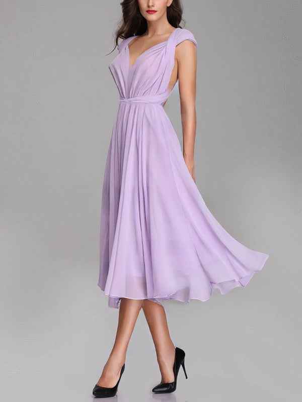 A-line V-neck Chiffon Tea-length Bridesmaid Dresses With Sashes and Ribbons