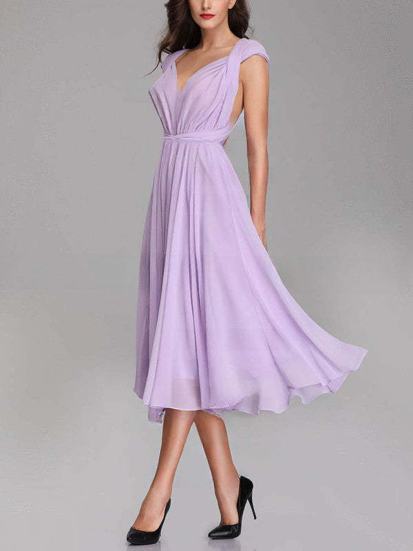 A-line V-neck Chiffon Tea-length Bridesmaid Dresses With Sashes and Ribbons