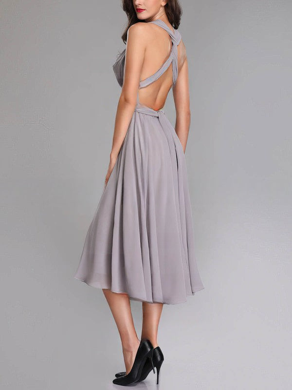 A-Line V-Neck Chiffon Tea-Length Bridesmaid Dress with Sashes & Ribbons