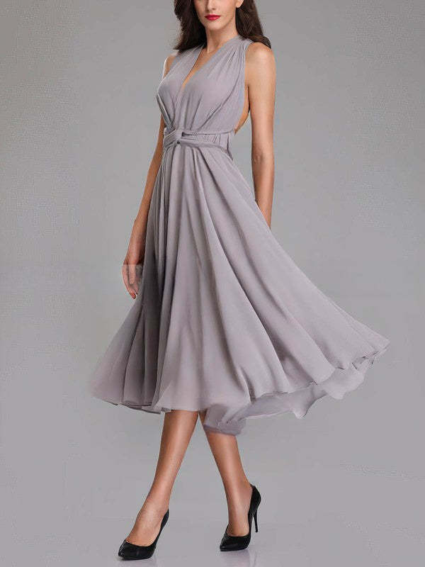 A-Line V-Neck Chiffon Tea-Length Bridesmaid Dress with Sashes & Ribbons