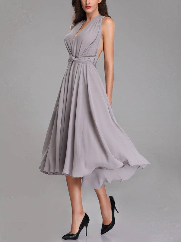 A-Line V-Neck Chiffon Tea-Length Bridesmaid Dress with Sashes & Ribbons