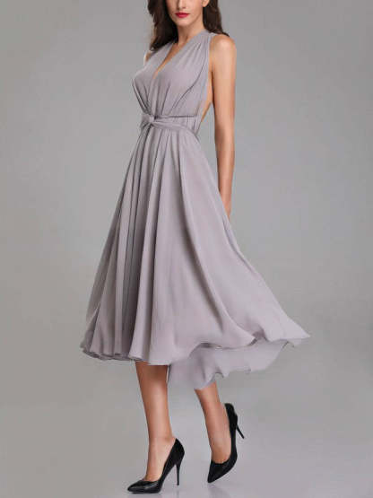 A-Line V-Neck Chiffon Tea-Length Bridesmaid Dress with Sashes & Ribbons