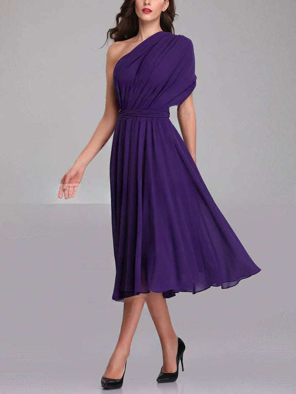 A-line One Shoulder Chiffon Tea-length Bridesmaid Dresses With Sashes / Ribbons