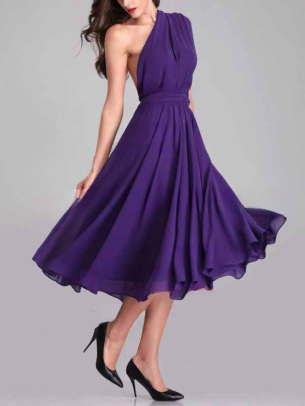 A-line One Shoulder Chiffon Tea-length Bridesmaid Dresses With Sashes / Ribbons