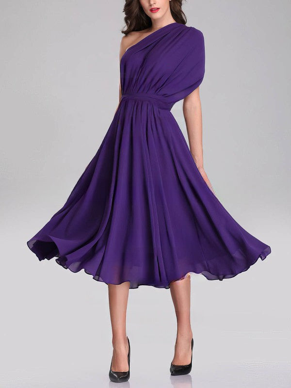 A-line One Shoulder Chiffon Tea-length Bridesmaid Dresses With Sashes / Ribbons