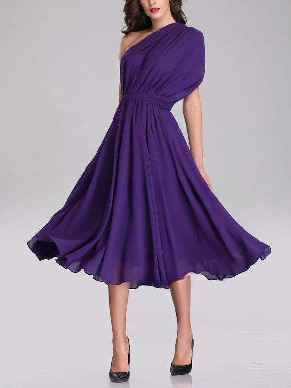 A-line One Shoulder Chiffon Tea-length Bridesmaid Dresses With Sashes / Ribbons