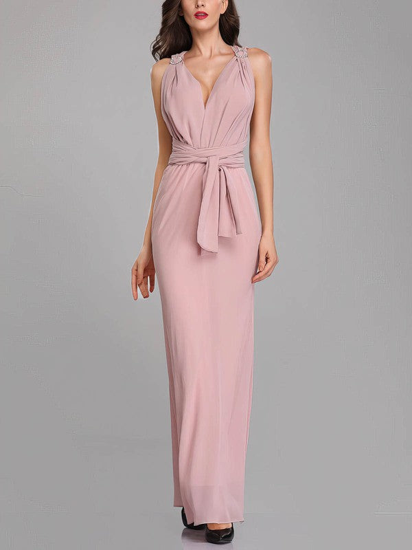 V-Neck Chiffon Sheath/Column Bridesmaid Dresses With Sashes/Ribbons