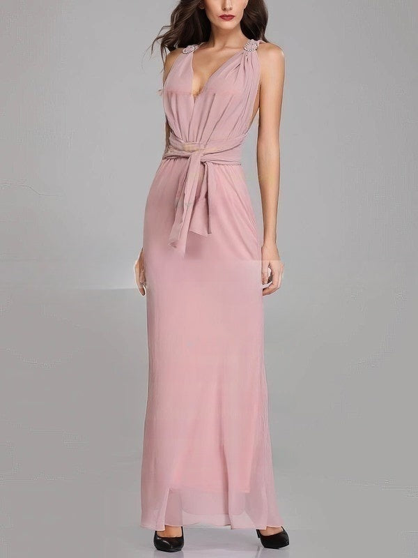 V-Neck Chiffon Sheath/Column Bridesmaid Dresses With Sashes/Ribbons