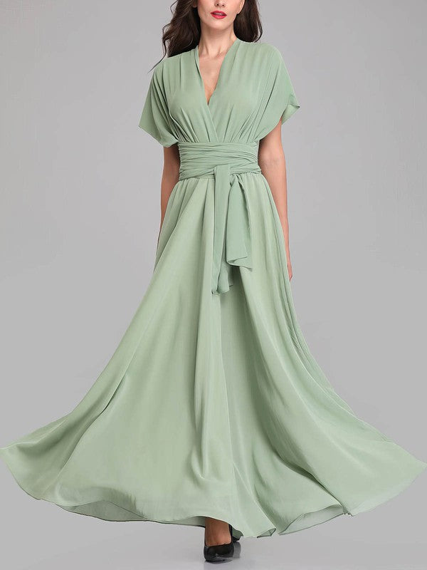 A-Line V-Neck Chiffon Floor-Length Bridesmaid Dresses with Sashes & Ribbons