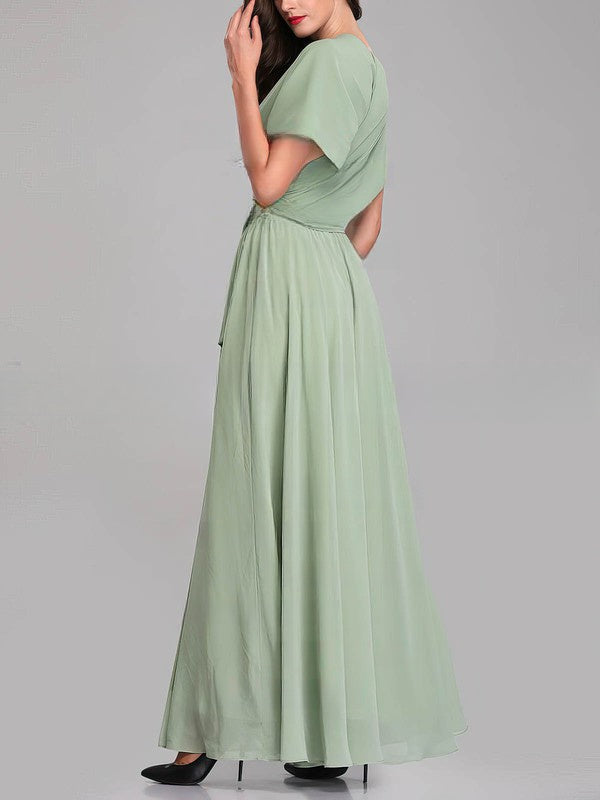 A-Line V-Neck Chiffon Floor-Length Bridesmaid Dresses with Sashes & Ribbons