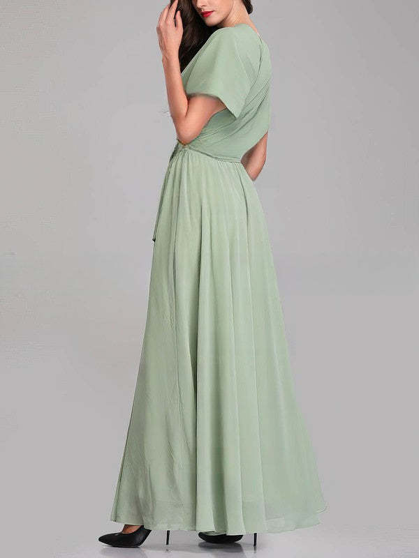 A-Line V-Neck Chiffon Floor-Length Bridesmaid Dresses with Sashes & Ribbons