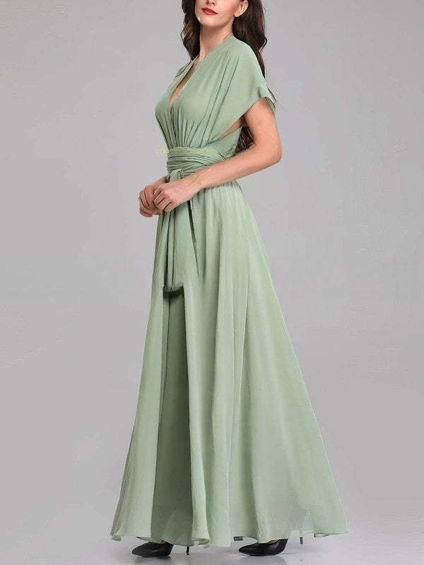 A-Line V-Neck Chiffon Floor-Length Bridesmaid Dresses with Sashes & Ribbons