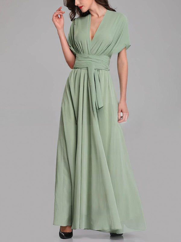 A-Line V-Neck Chiffon Floor-Length Bridesmaid Dresses with Sashes & Ribbons