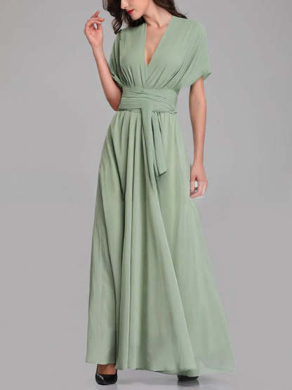 A-Line V-Neck Chiffon Floor-Length Bridesmaid Dresses with Sashes & Ribbons
