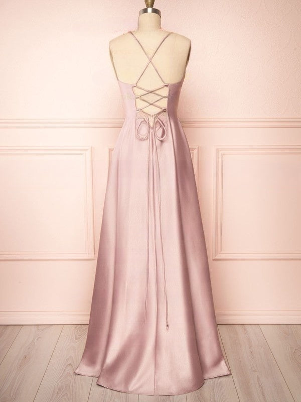 A-line V-neck Satin Floor-length Split Front Bridesmaid Dresses