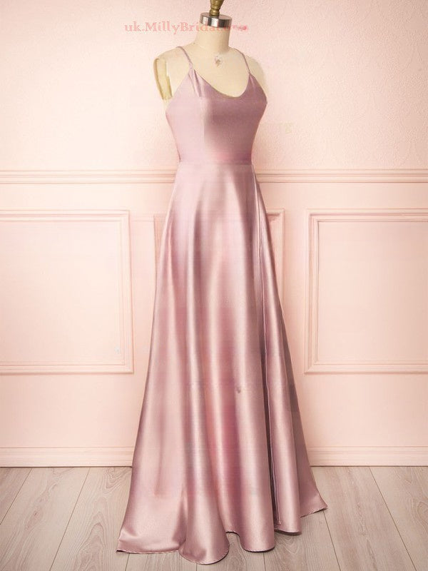 A-line V-neck Satin Floor-length Split Front Bridesmaid Dresses