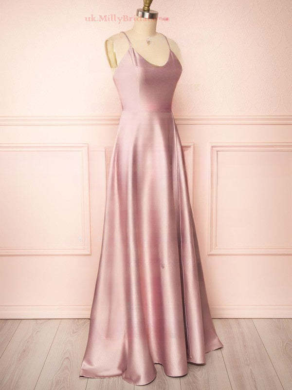 A-line V-neck Satin Floor-length Split Front Bridesmaid Dresses