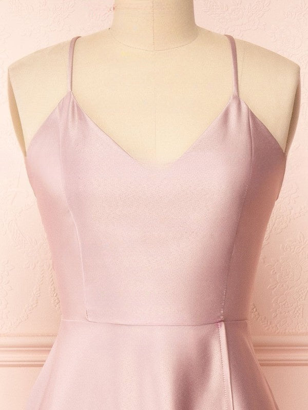 A-line V-neck Satin Floor-length Split Front Bridesmaid Dresses