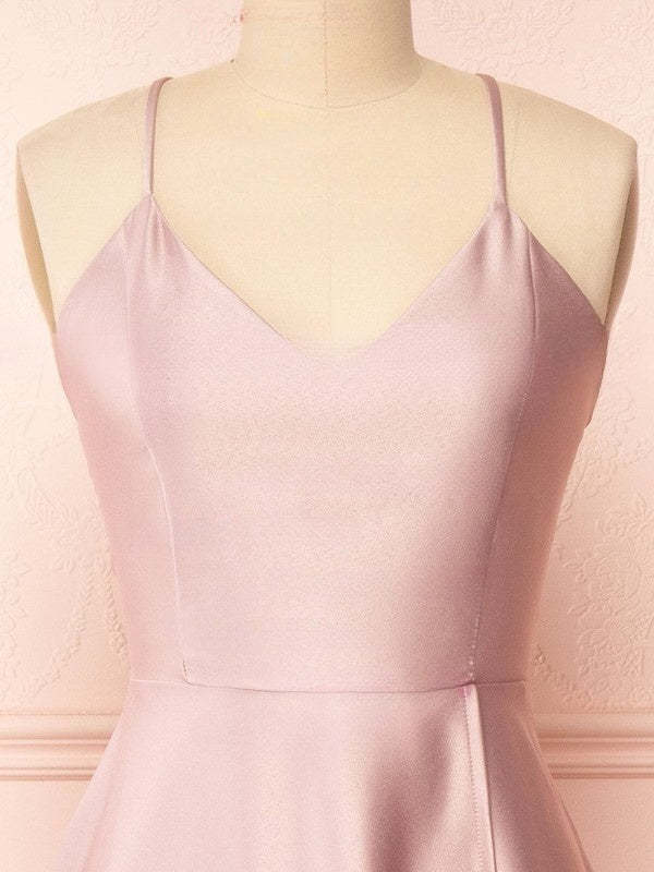 A-line V-neck Satin Floor-length Split Front Bridesmaid Dresses