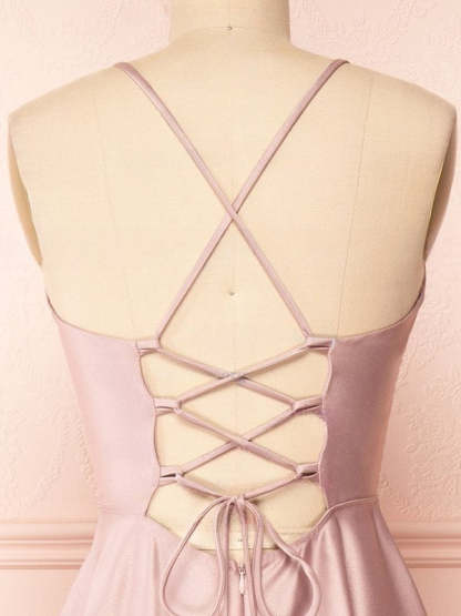 A-line V-neck Satin Floor-length Split Front Bridesmaid Dresses