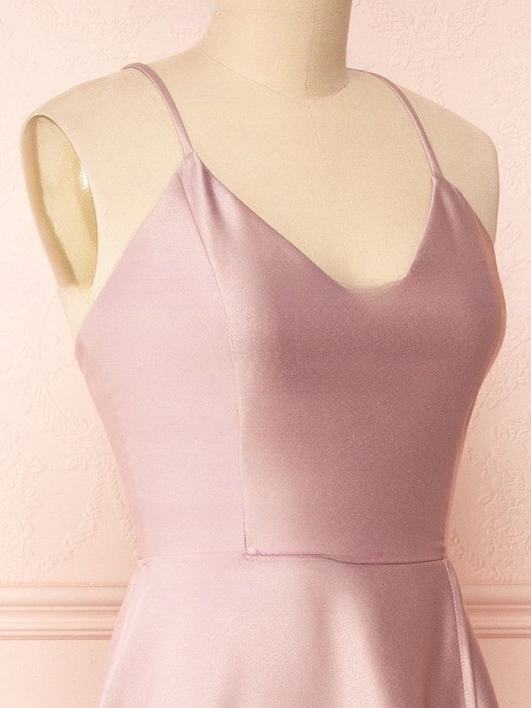 A-line V-neck Satin Floor-length Split Front Bridesmaid Dresses