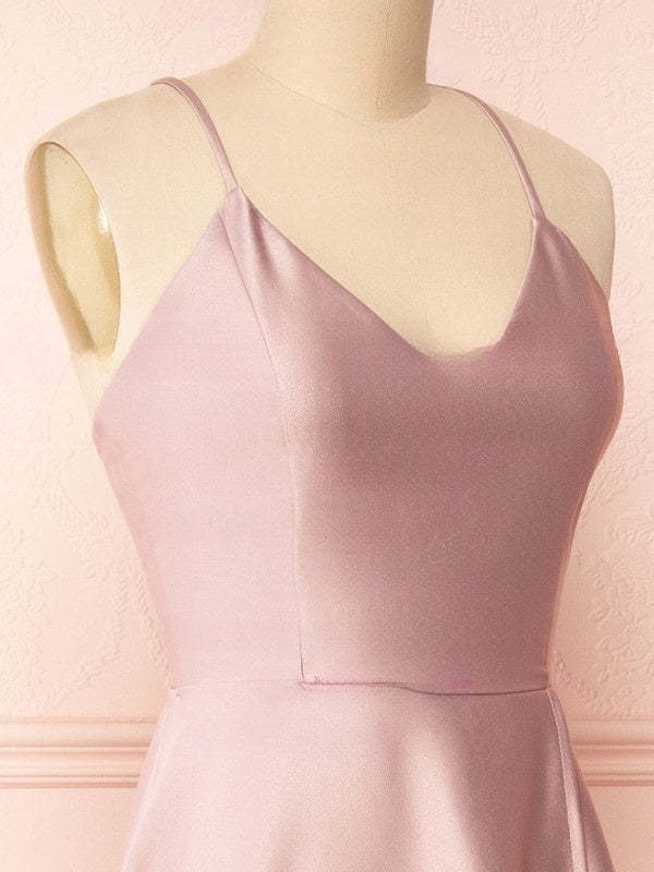 A-line V-neck Satin Floor-length Split Front Bridesmaid Dresses