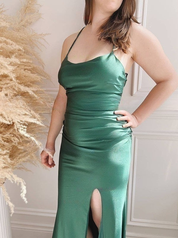 Silk-like Satin Sheath/Column Scoop Neck Floor-length Ruffles Bridesmaid Dress