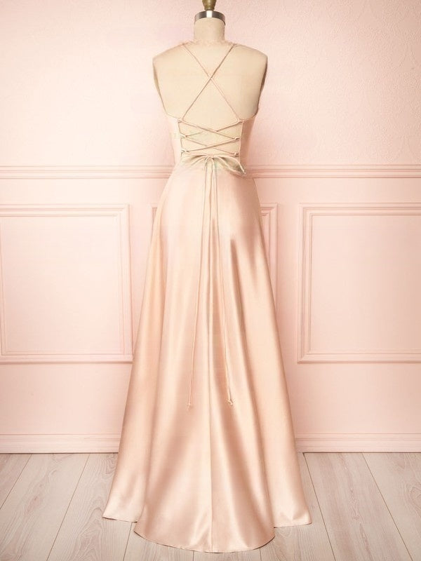 A-line V-neck Satin Floor-length Split Front Bridesmaid Dresses