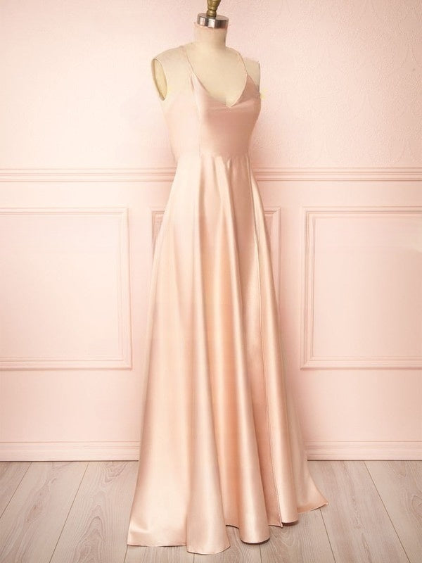 A-line V-neck Satin Floor-length Split Front Bridesmaid Dresses