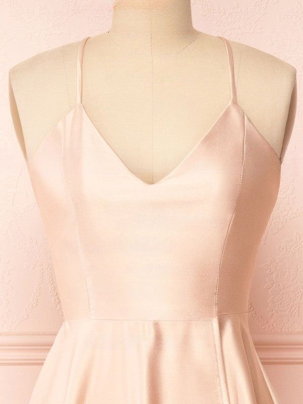 A-line V-neck Satin Floor-length Split Front Bridesmaid Dresses