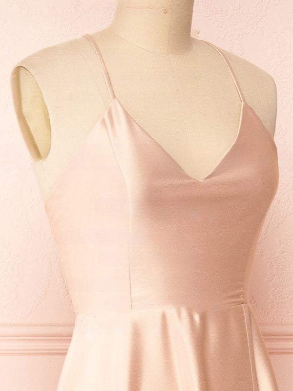 A-line V-neck Satin Floor-length Split Front Bridesmaid Dresses